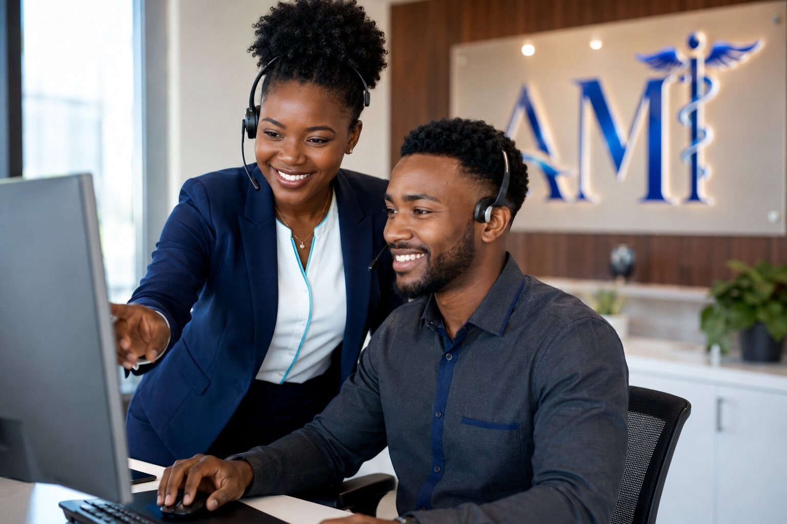 Aspire Medical Institute staff assisting a student at a computer