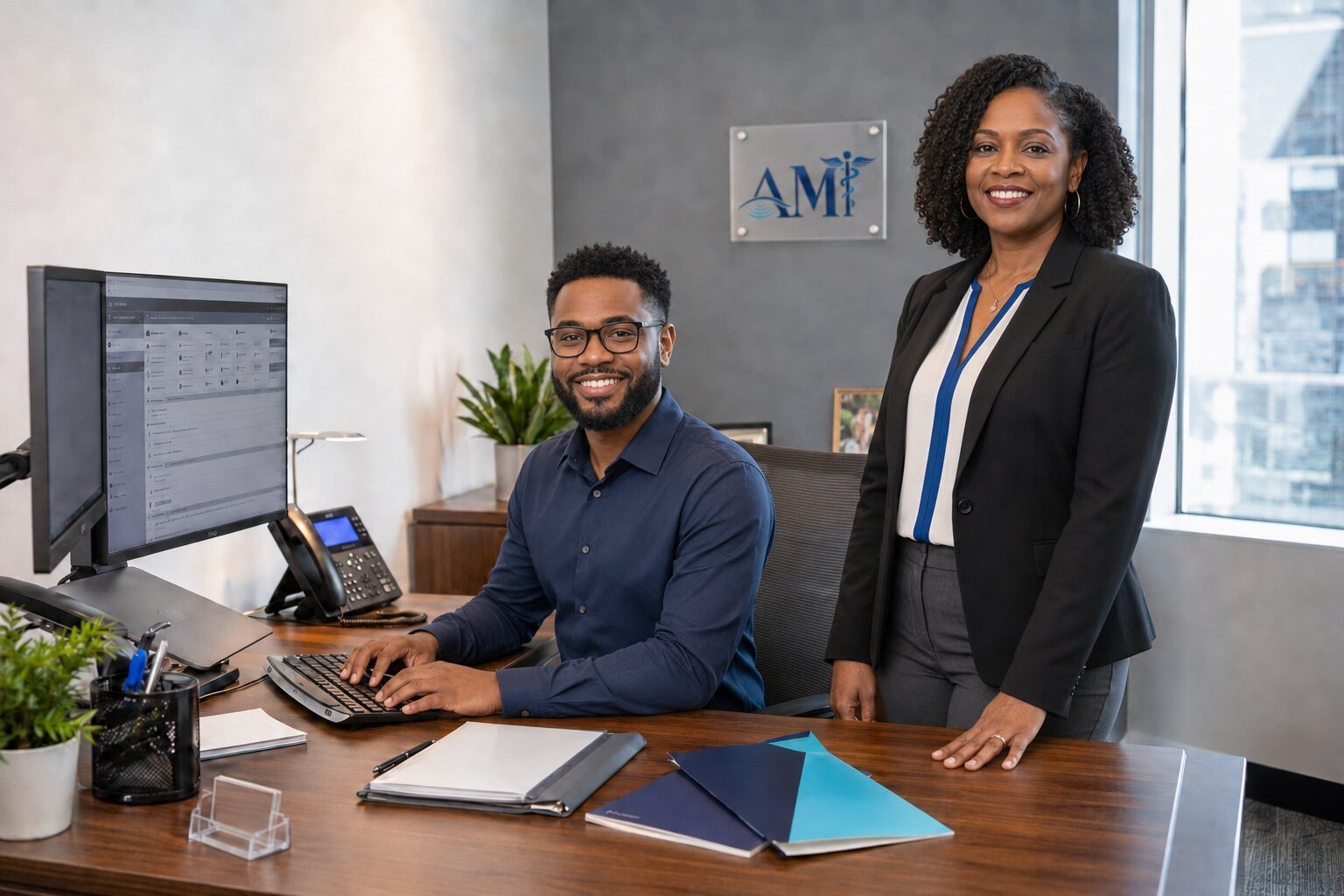 Two Aspire Medical Institute admissions staff members reviewing program information in the campus office
