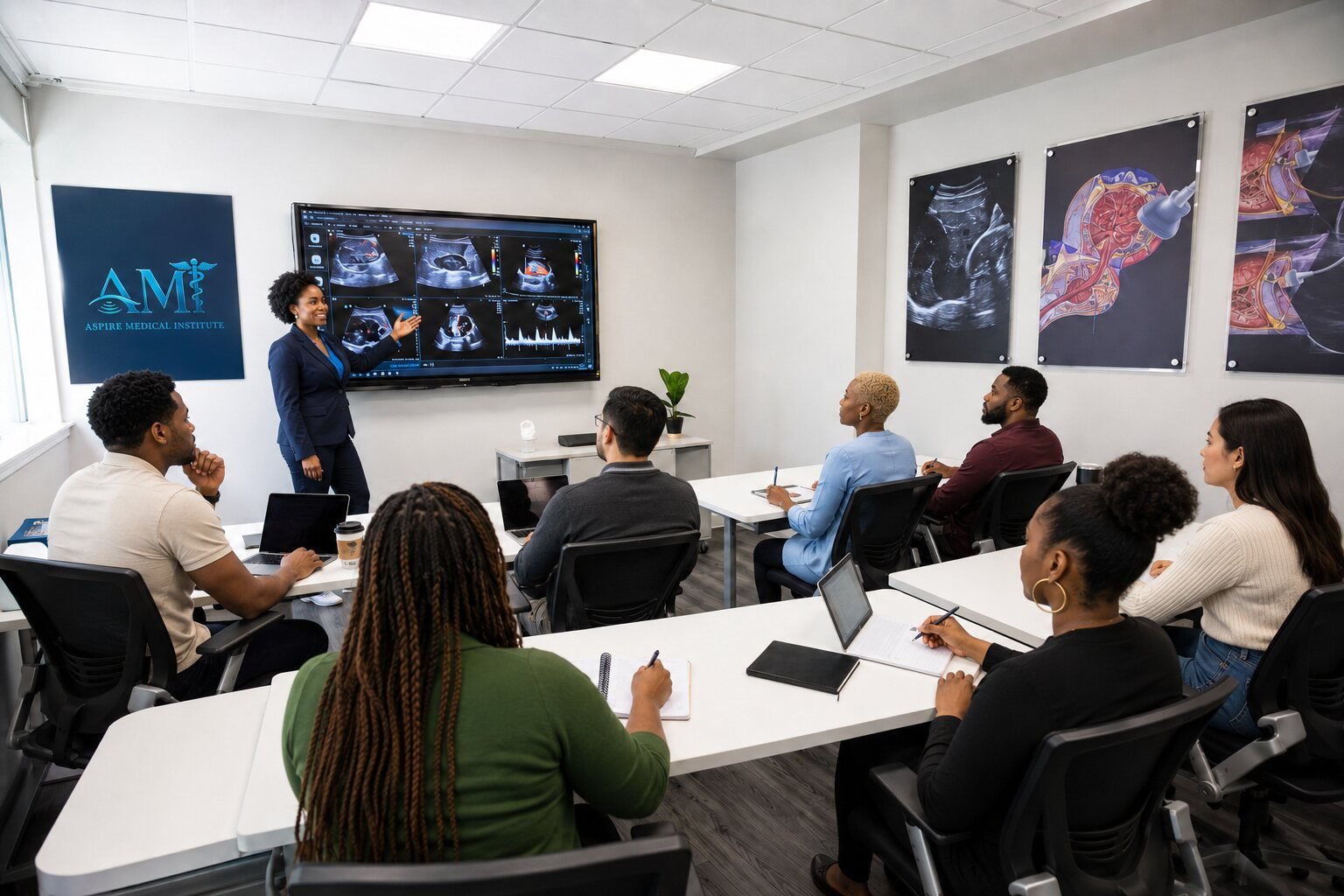 Allied health students seated in an Aspire Medical Institute classroom during instruction
