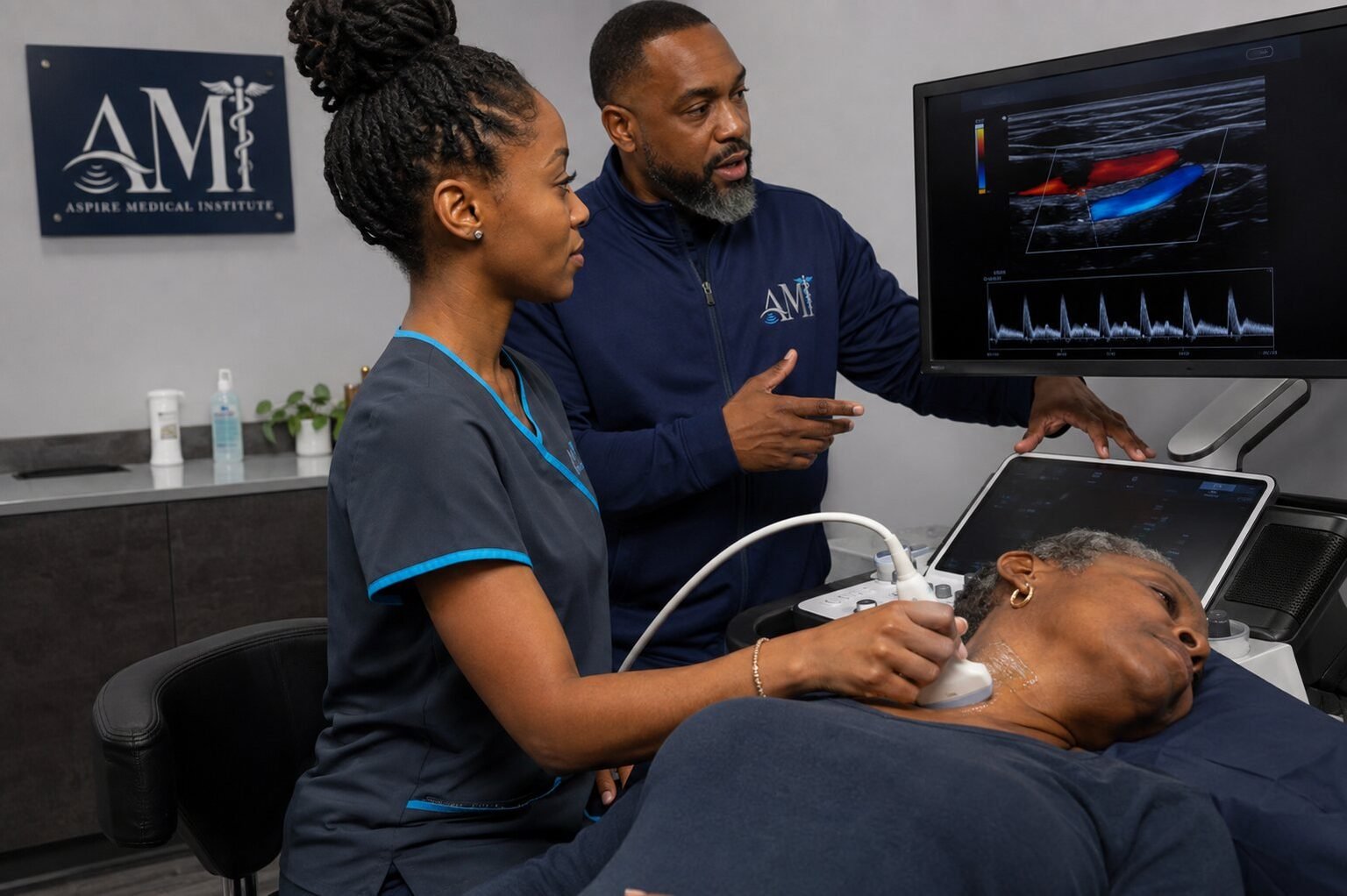 Sonography student performing a carotid Doppler ultrasound exam while an instructor reviews the waveform on screen