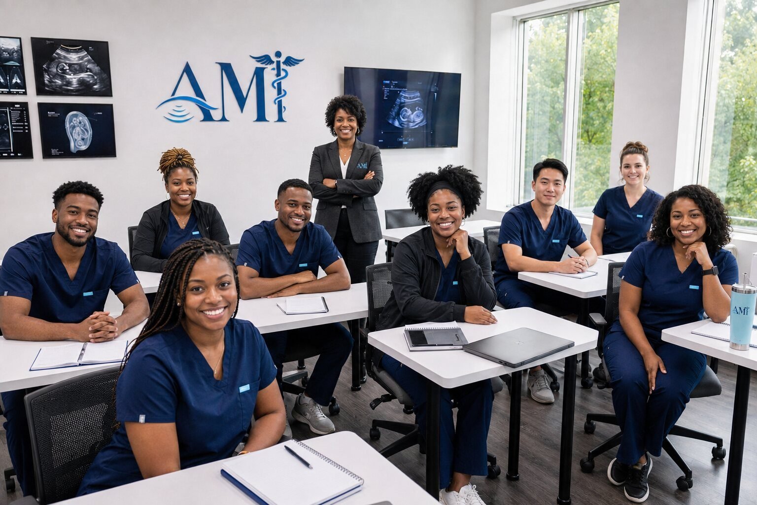 Diagnostic medical sonography students in navy scrubs seated together in an Aspire Medical Institute classroom