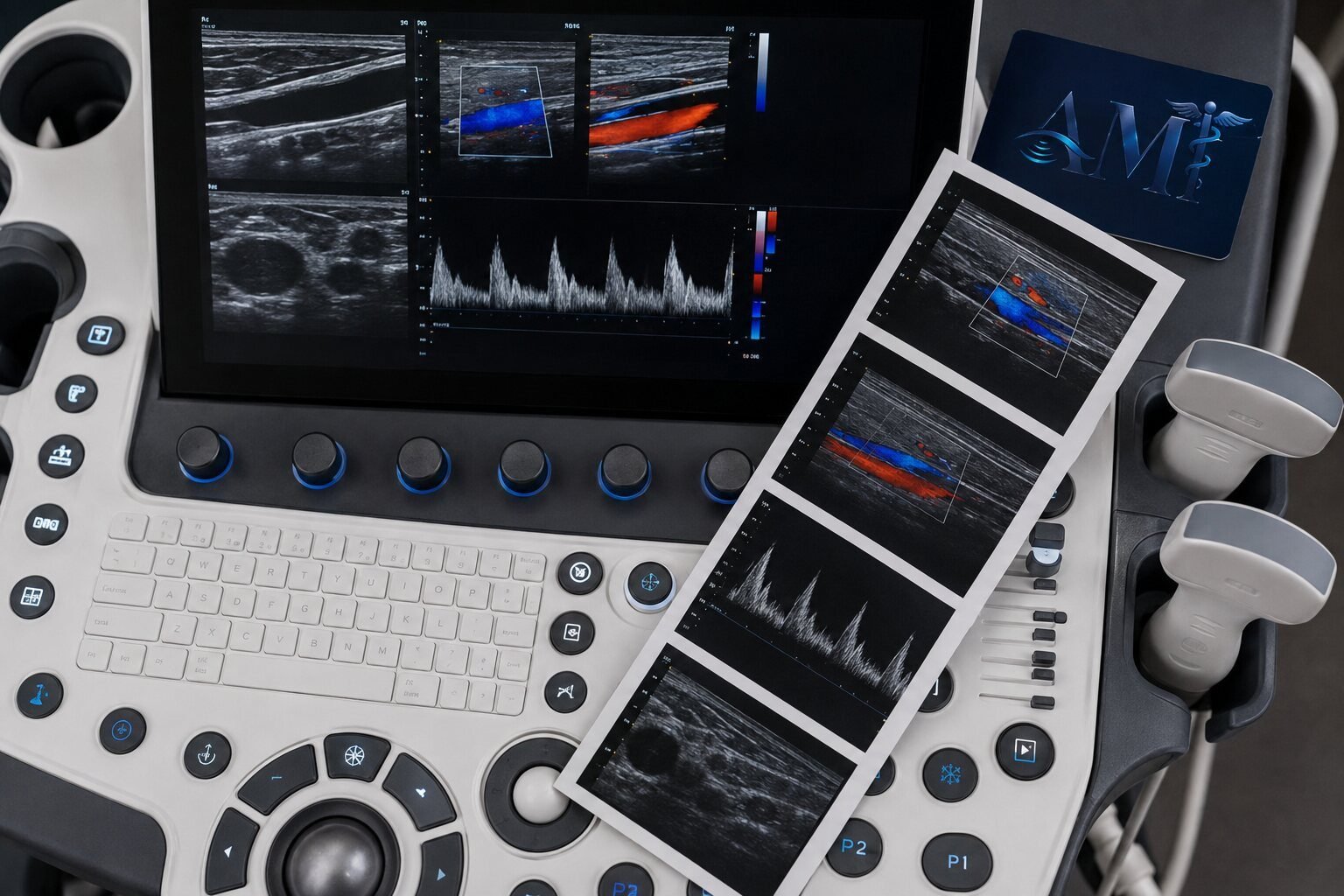Doppler ultrasound console displaying vascular waveform and colour flow images
