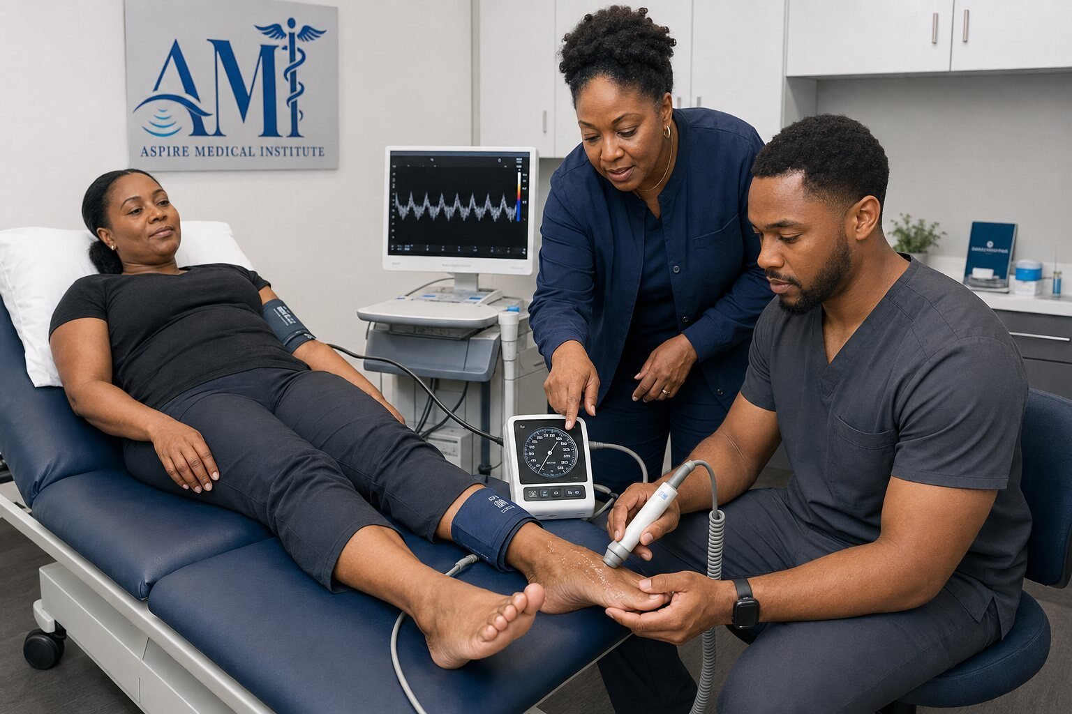 Instructor demonstrating a lower-extremity Doppler exam technique to a sonography student in the lab