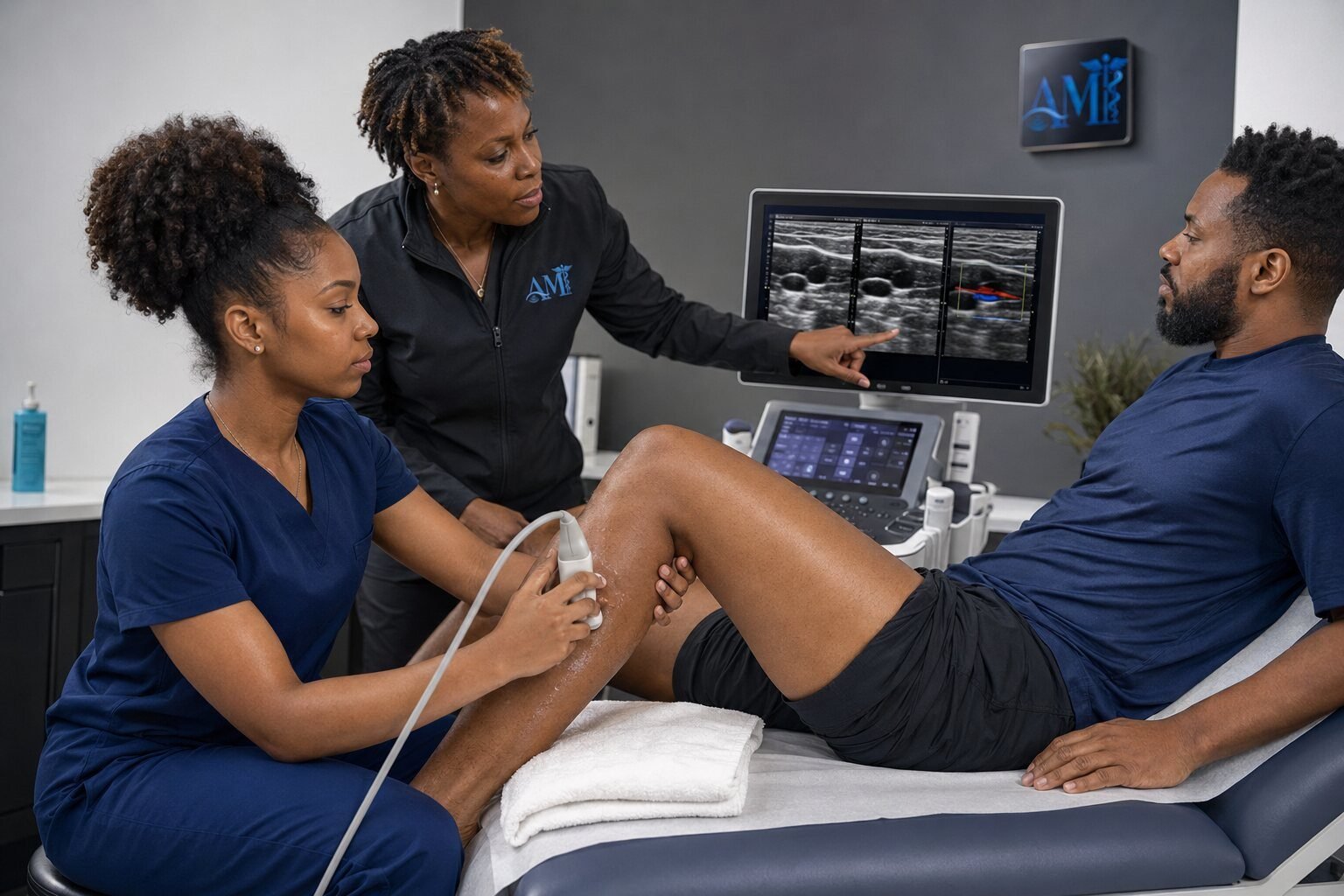 Sonography student scanning a patient's knee with a portable ultrasound system under instructor guidance