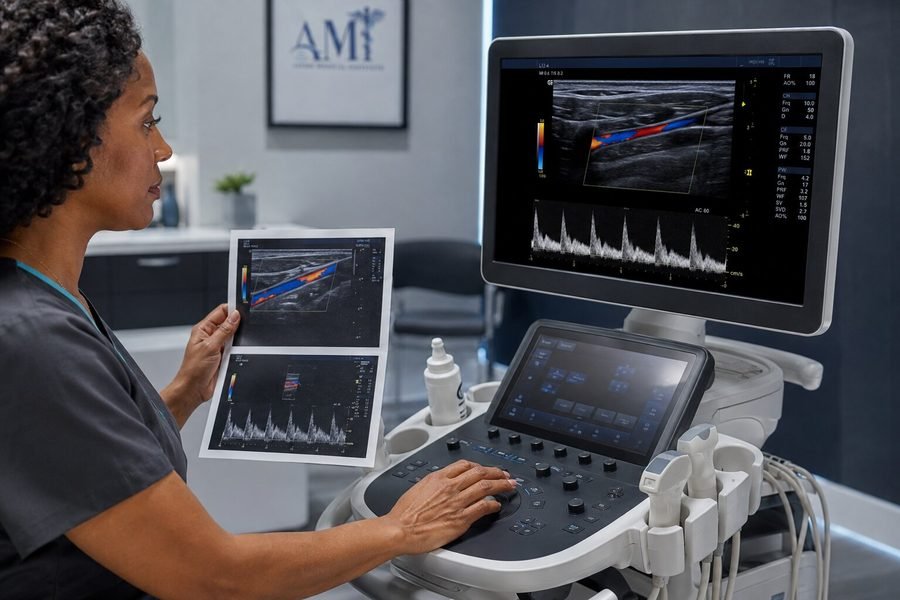 Sonographer reviewing ultrasound images at a diagnostic workstation