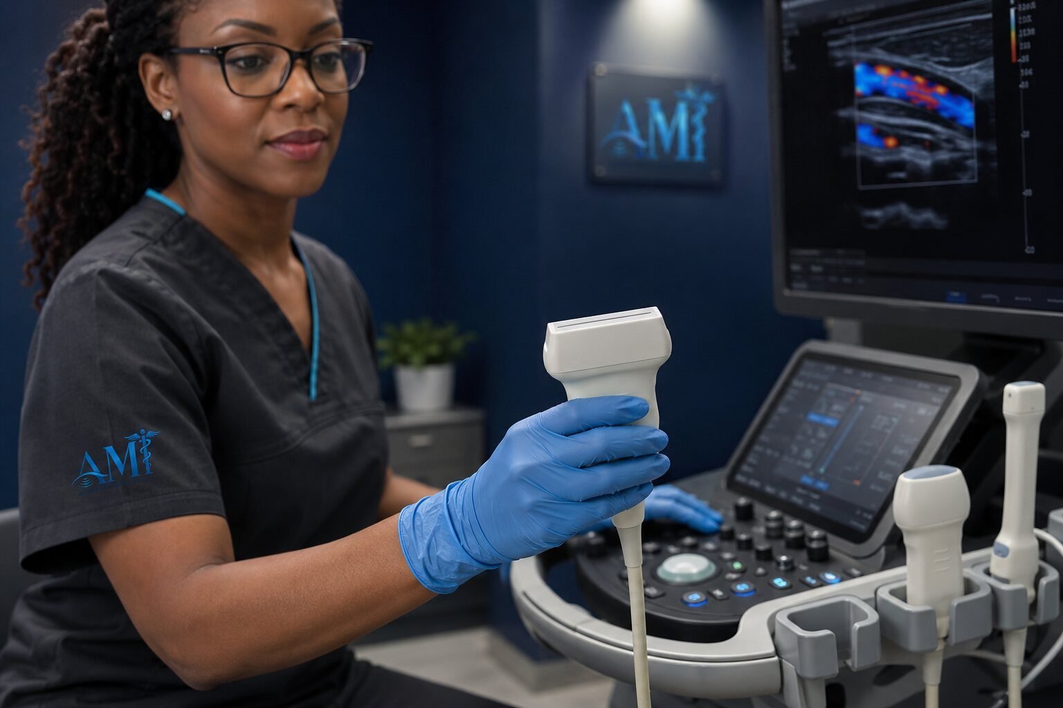 Sonography student in scrubs and gloves operating a diagnostic ultrasound system