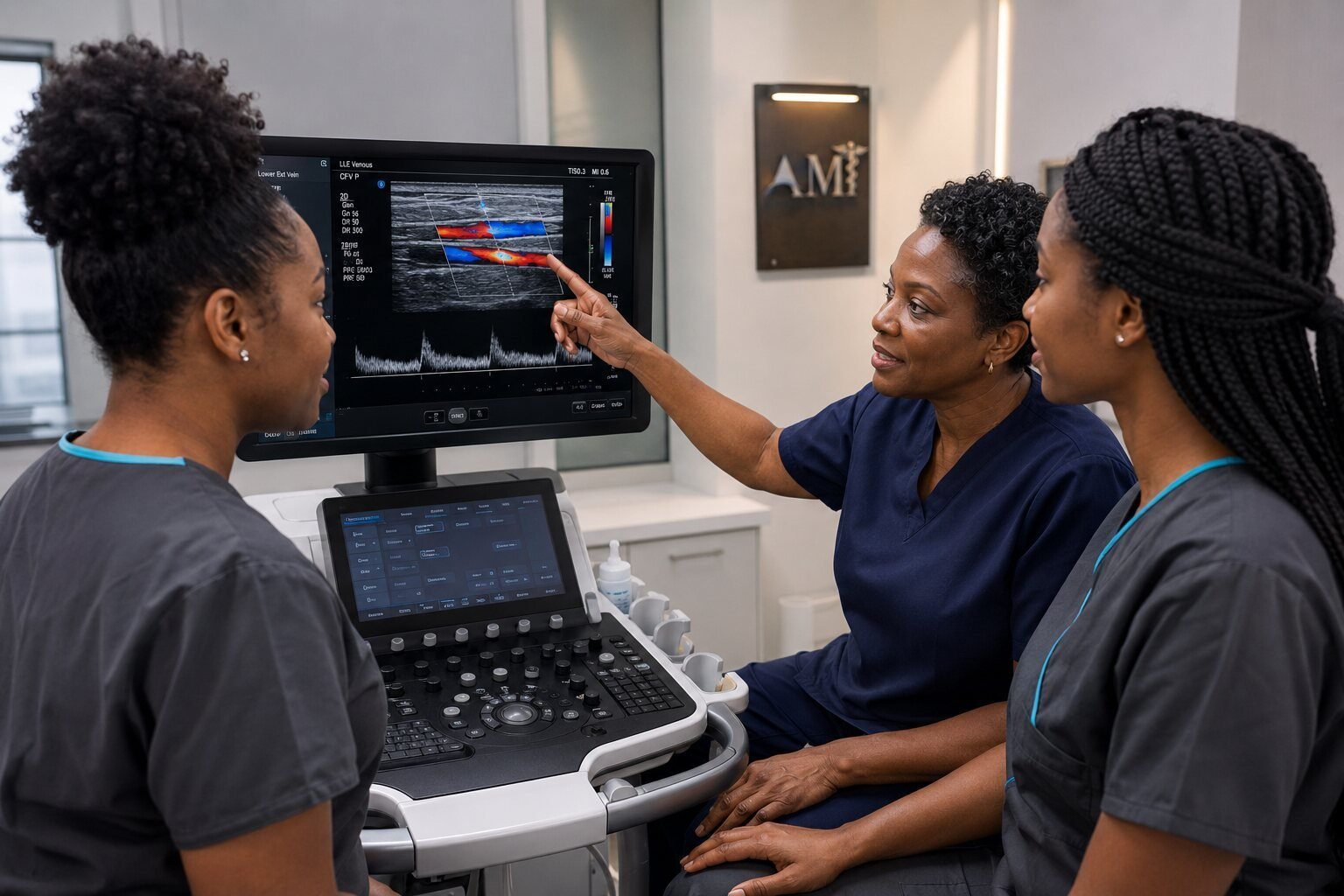 Instructor and students reviewing ultrasound images together