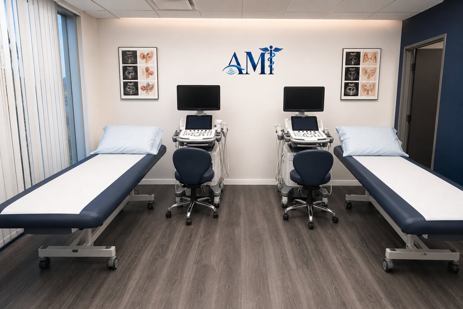 Aspire Medical Institute ultrasound skills lab with exam tables and diagnostic ultrasound systems