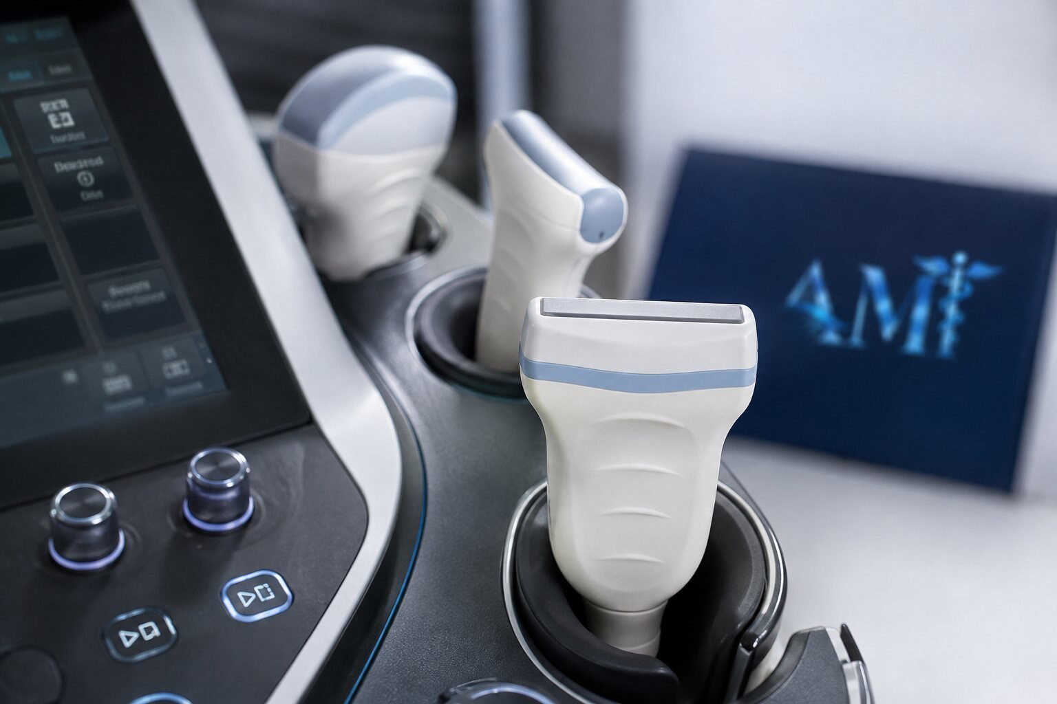 Close-up of ultrasound transducers docked on a diagnostic ultrasound system in the Aspire lab