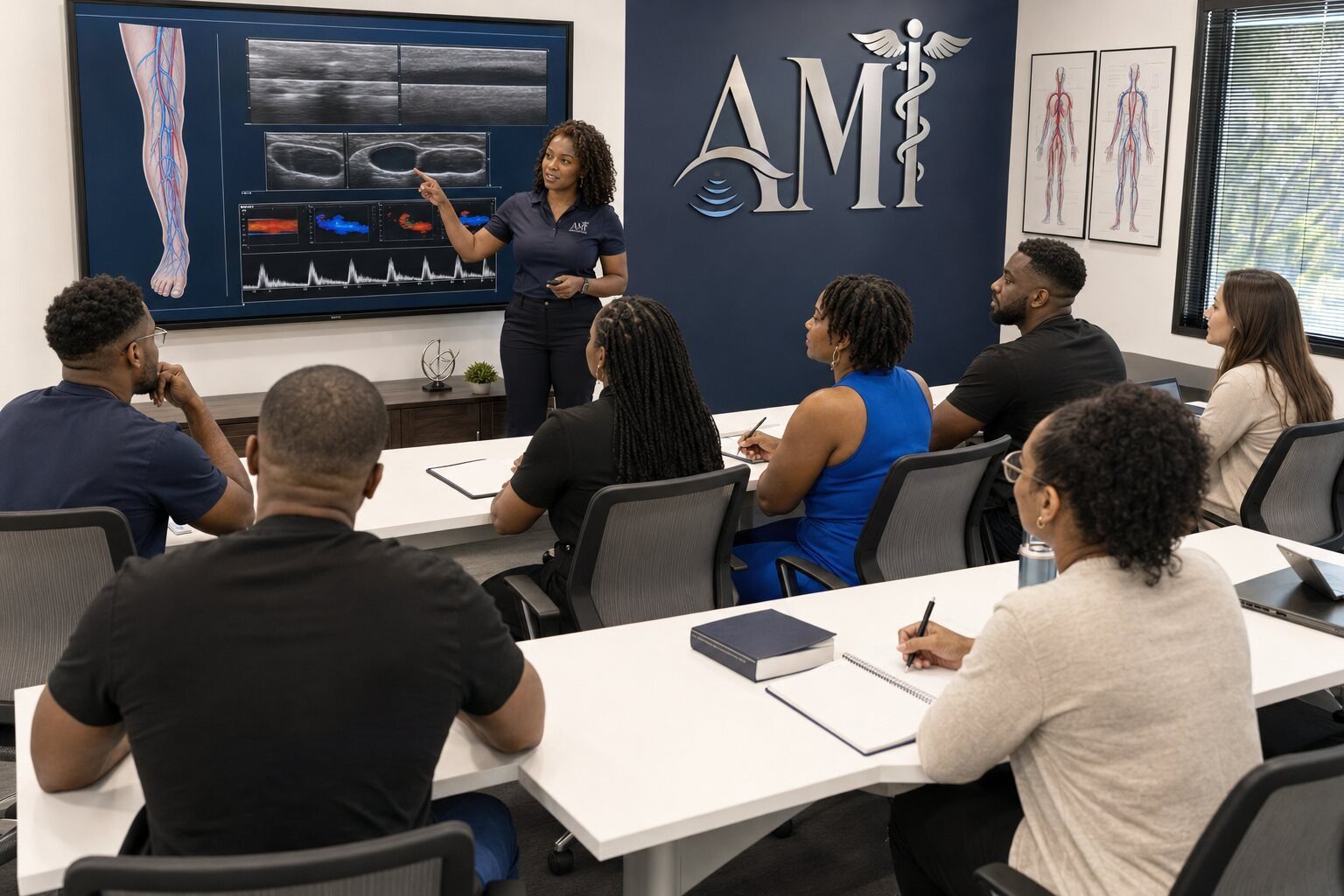 Instructor teaching vascular anatomy to allied health students using projected imaging in an Aspire classroom