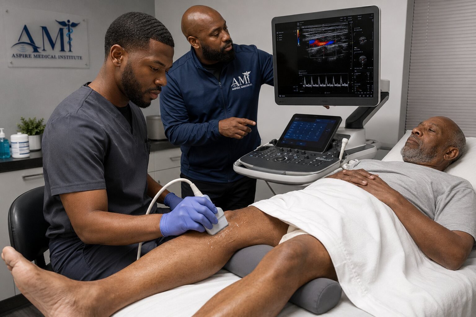 Two sonography students performing a vascular ultrasound exam on a patient during clinical training