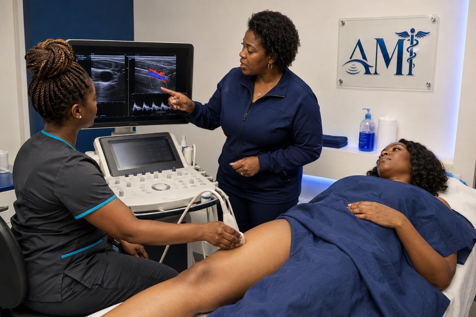 Instructor guiding a sonography student through a lower-extremity vascular ultrasound examination